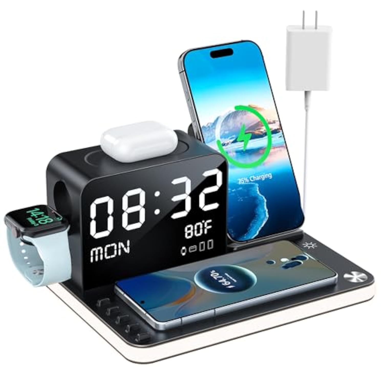 7 In 1 Wireless Charging Station For Apple Device Wireless Charger With Night Light Bluetooth Timesync Temperature 33W Fast Charger For Iphone 16/15/14/13/12 Pro Max Android Phone Airpods Apple Watch