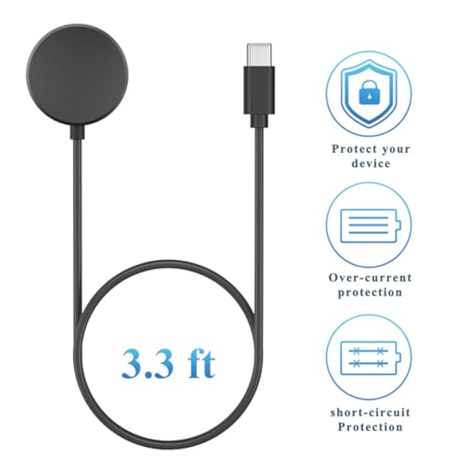 Usb C Watch Charger Cable Compatible With Samsung Galaxy Watch 6 Classic/6/5 Pro/5/4 Classic/4/3/Active 2/1, Wireless Magnetic Charging Dock Car Charger Cord (Black 3.3 Ft/1M)