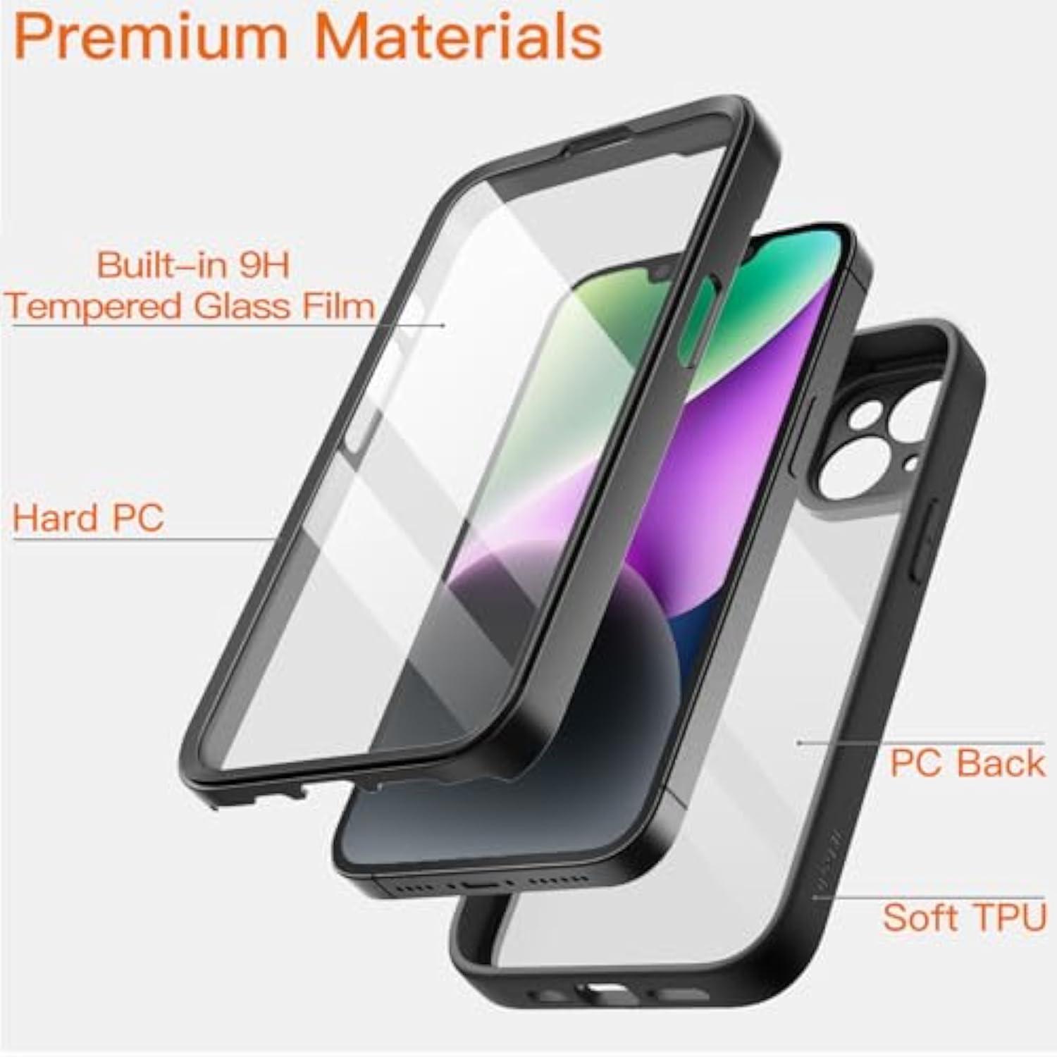 JETech Case for iPhone 14 6.1-Inch with Built-in Tempered Glass Screen Protector, Camera Full Cover All-Around Protection, Shockproof Bumper Phone Cover Clear Back, HD Film (Black)