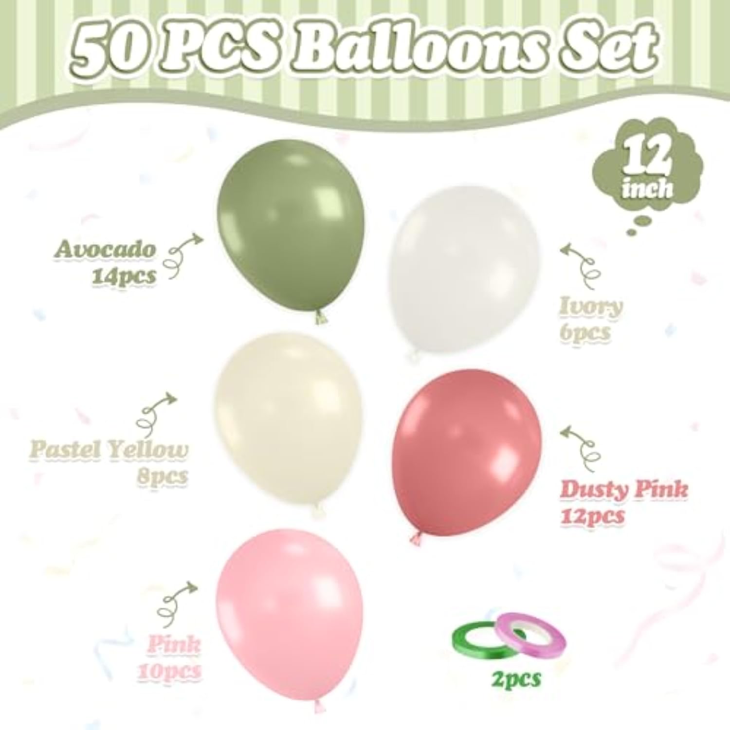 Sage Green Pink Balloons, 50 Pcs Pink And Green Balloon, 12 Inch Light Yellow Ivory Latex Balloons For Girls Baby Shower Birthday Boho Wedding Gender Reveal Jungle Spring Party Decorations