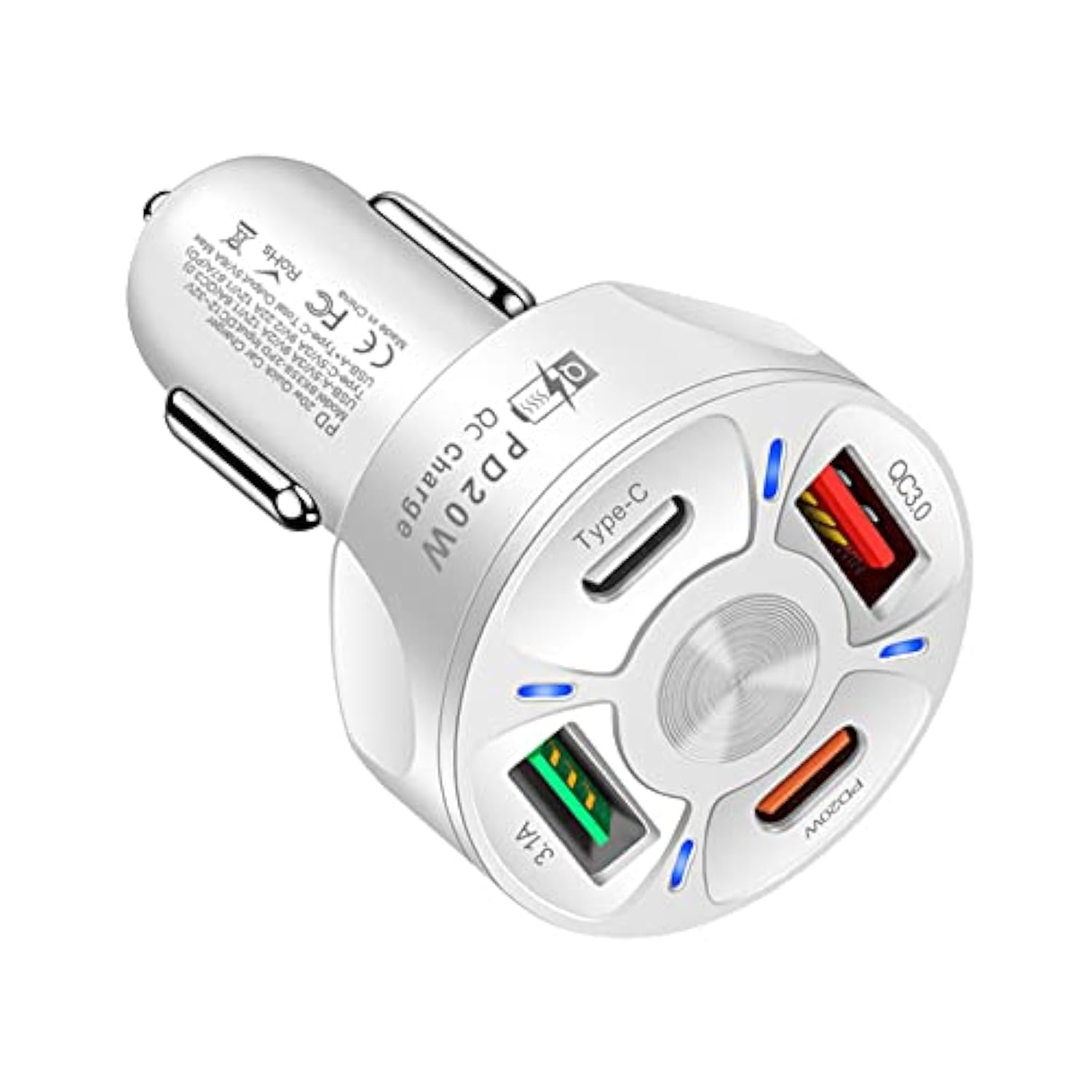 Car Charger Adapter,4 Ports Usb Fast Car Charger Qc3.0/Pd20W/Type-C/2.1A, Smart Shunt Car Phone Charger Compatible Iphone 14 13 12 Pro Max/All Smart Phones (White)