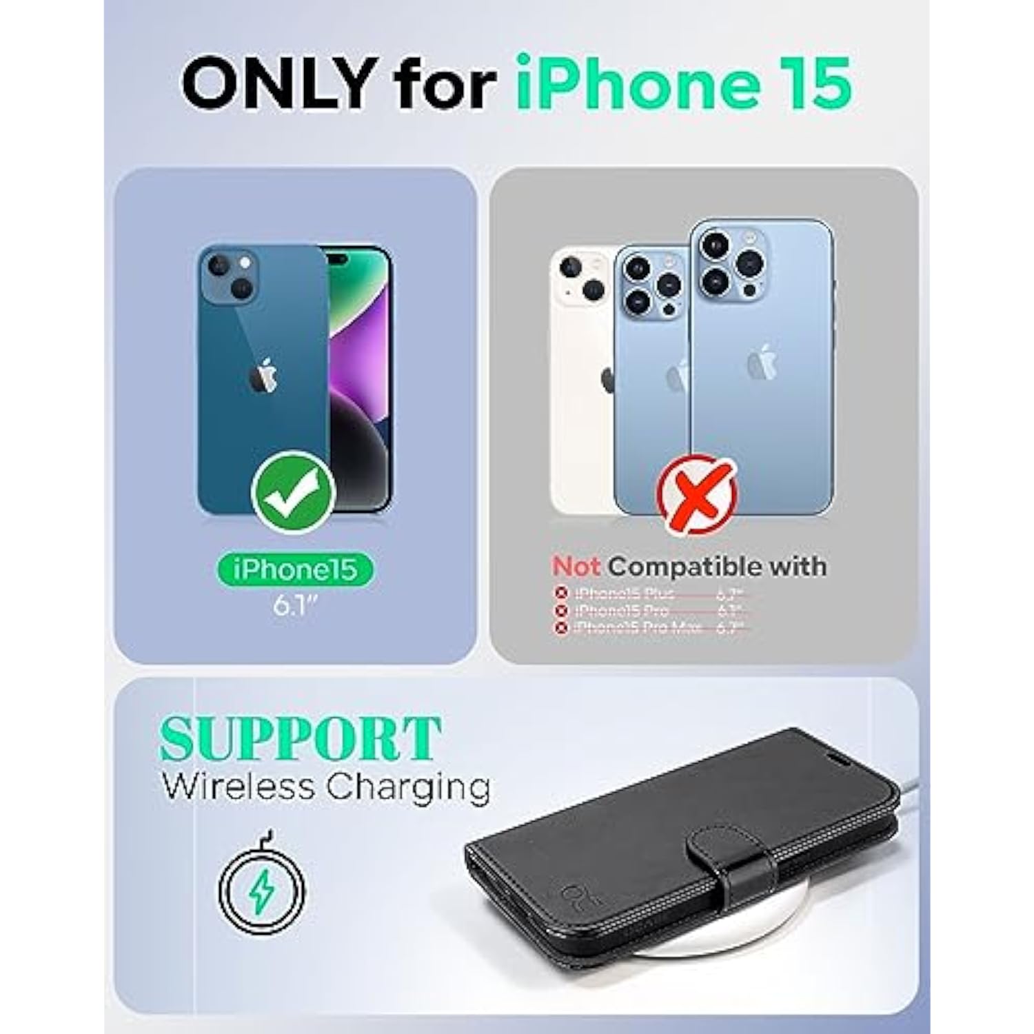 Compatible With Iphone 15 Wallet Case, Pu Leather Flip Folio Case With Card Holders Rfid Blocking Kickstand [Shockproof Tpu Inner Shell] Phone Cover 6.1 Inch 2023, Black