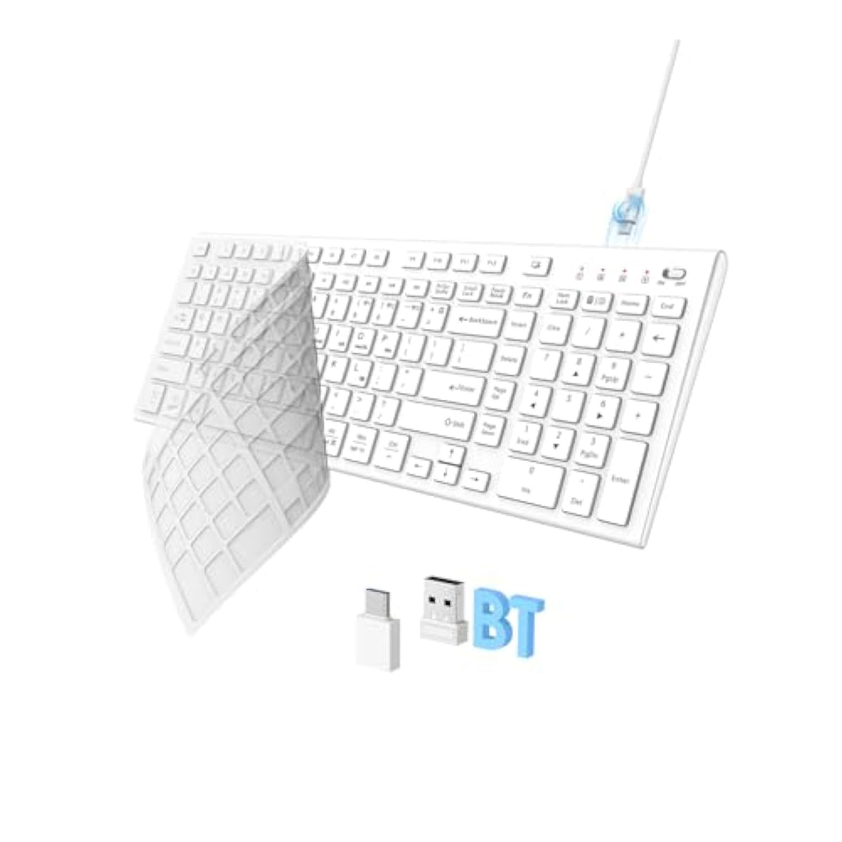 Wireless Keyboard, Bluetooth + Usb Ergonomic Silent Quiet Rechargeable With Number Pad Compact Full Size Multi Device Keyboards For Ipad Tablet Mac Computer Surface Pc Macbook Laptop White