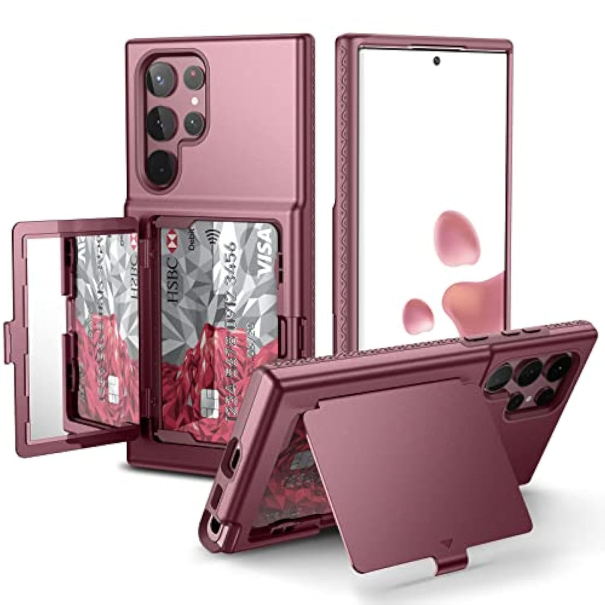 For Samsung Galaxy S22 Ultra Wallet Case With Credit Card Holder & Hidden Mirror, All-Round Protection Shockproof Phone Cover Designed For Samsung Galaxy S22 Ultra, 6.8 Inch Burgundy