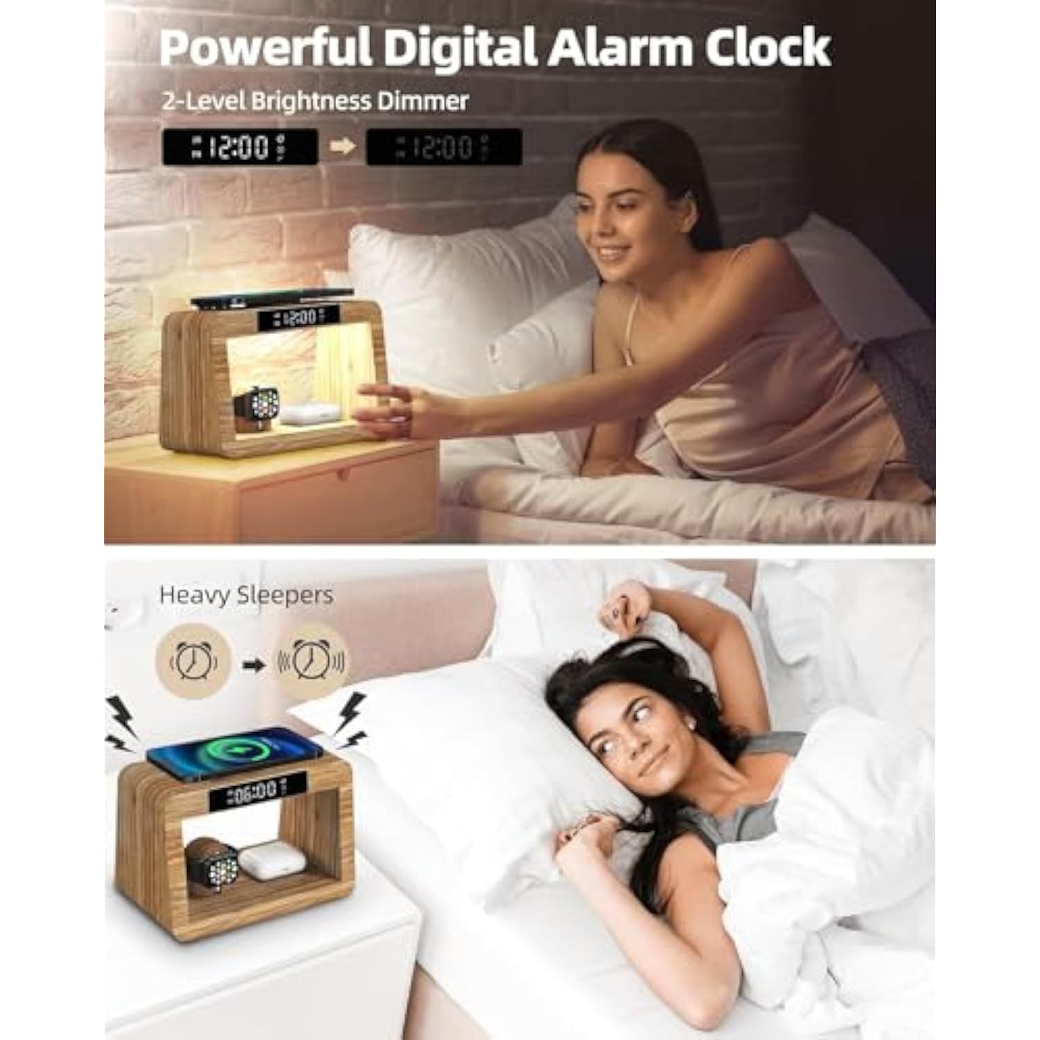 Bamboo Wireless Charging Station,Wireless Charger With Digital Alarm Clock And Night Light, Fast Charger Stand For Iphone 15/14/13/12/11 Pro Max/X/Xs, Airpods Pro, Iwatch Series 8/7/6/5/Se