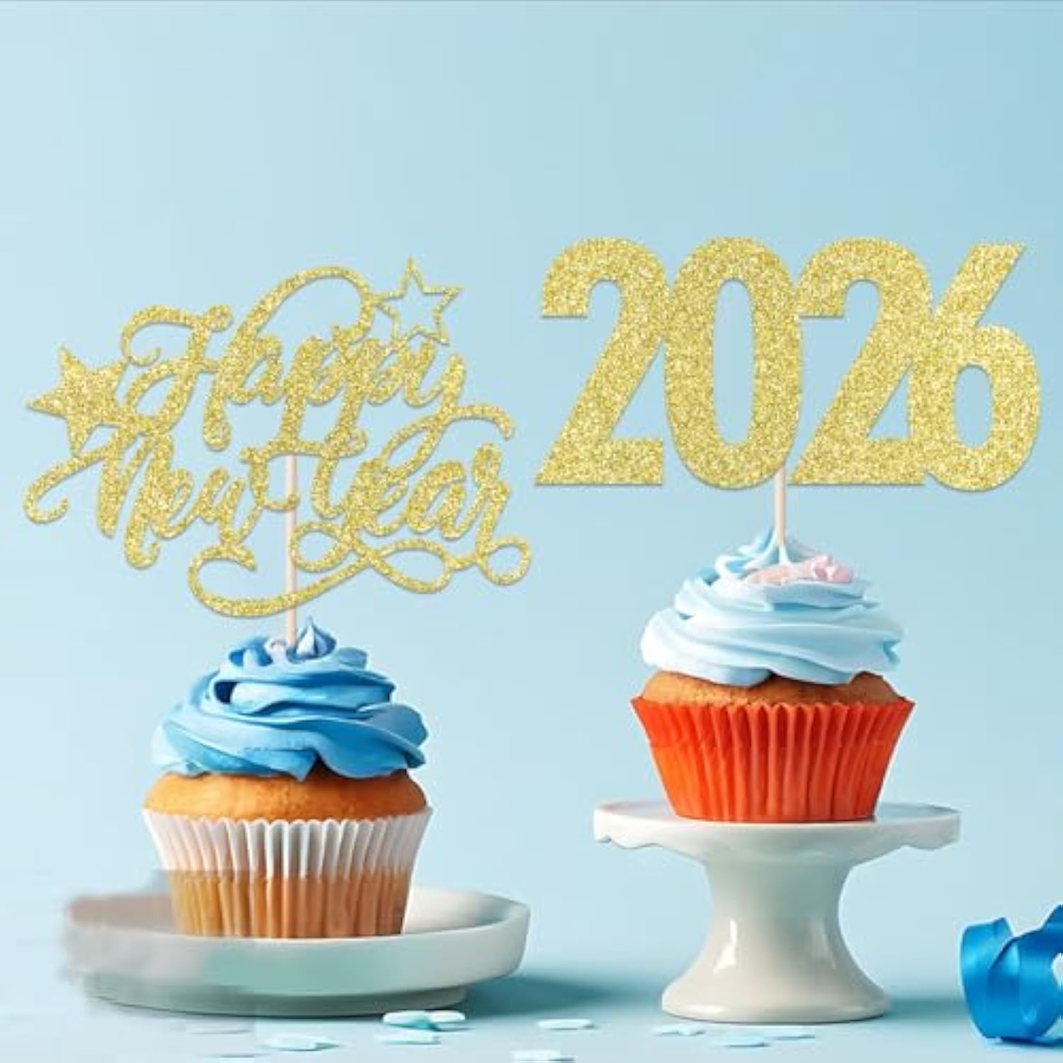 12pc Glitter Happy New Year 2026 Cupcake Toppers Gold Cake Picks