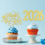 12pc Glitter Happy New Year 2026 Cupcake Toppers Gold Cake Picks