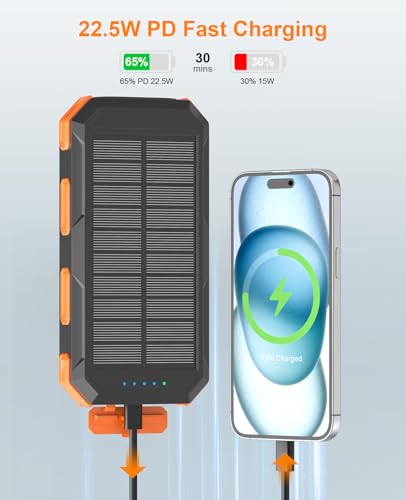 Solar Charger Power Bank 38800mAh, 22.5W USB-C Fast Charging Portable Charger with 4 Built-in Cables, External Battery Pack with Dual LED Emergency