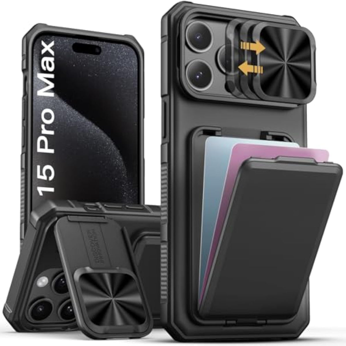 iPhone 15 Pro Max Case with Card Holder and Kickstand, Black - Premium Protection for Your Device