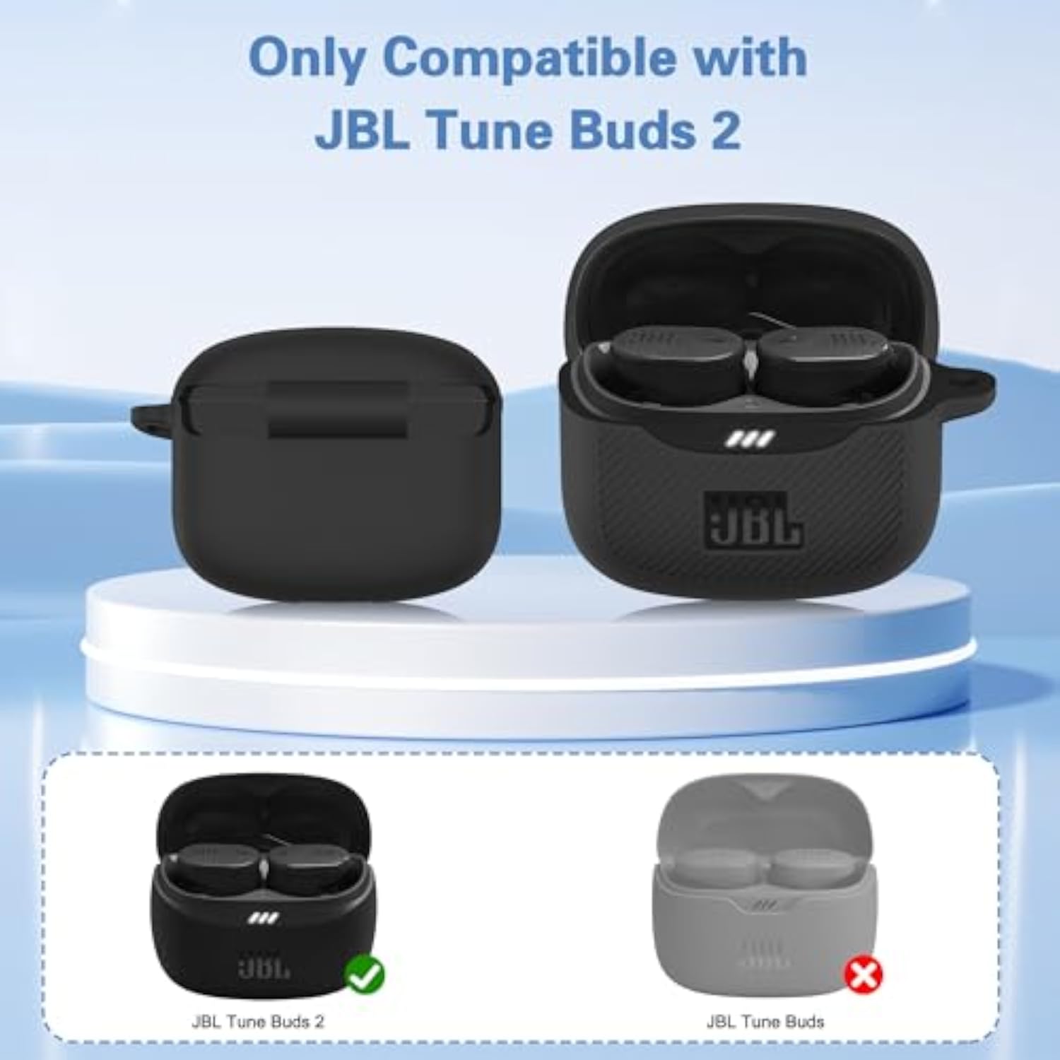 JBL Tune Buds 2 Soft Silicone Protective Case Cover with Carabiner and Cleaner Kit, Compatible with JBL Tune Buds 2 Case, Black