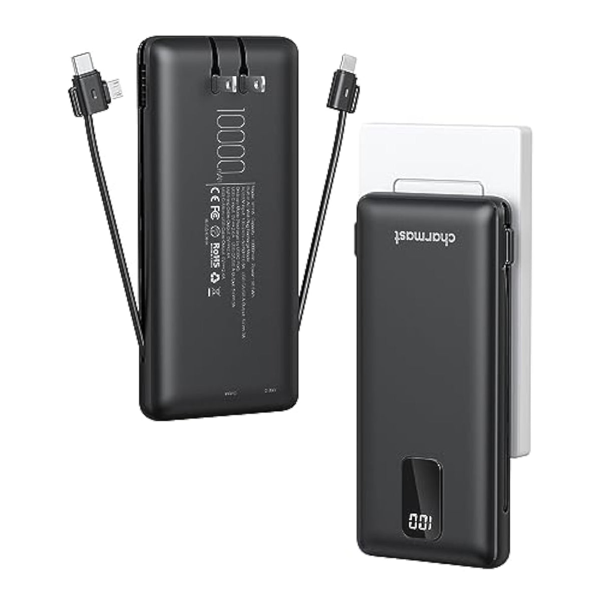 Portable Charger With Built-In Cables And Ac Wall Plug, 10000Mah Compact Slim Power Bank, External Battery Pack, Travel Accessories Compatible With Iphone, Android, All Cellphones