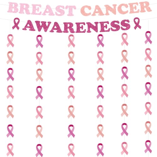 Breast Cancer Awareness Decorations, Pink Ribbon Party Supplies with 2 Banner Garlands and 6 Streamer Curtains, Breast Cancer Awareness Month Decor for Charity Survivor Fundraising Event