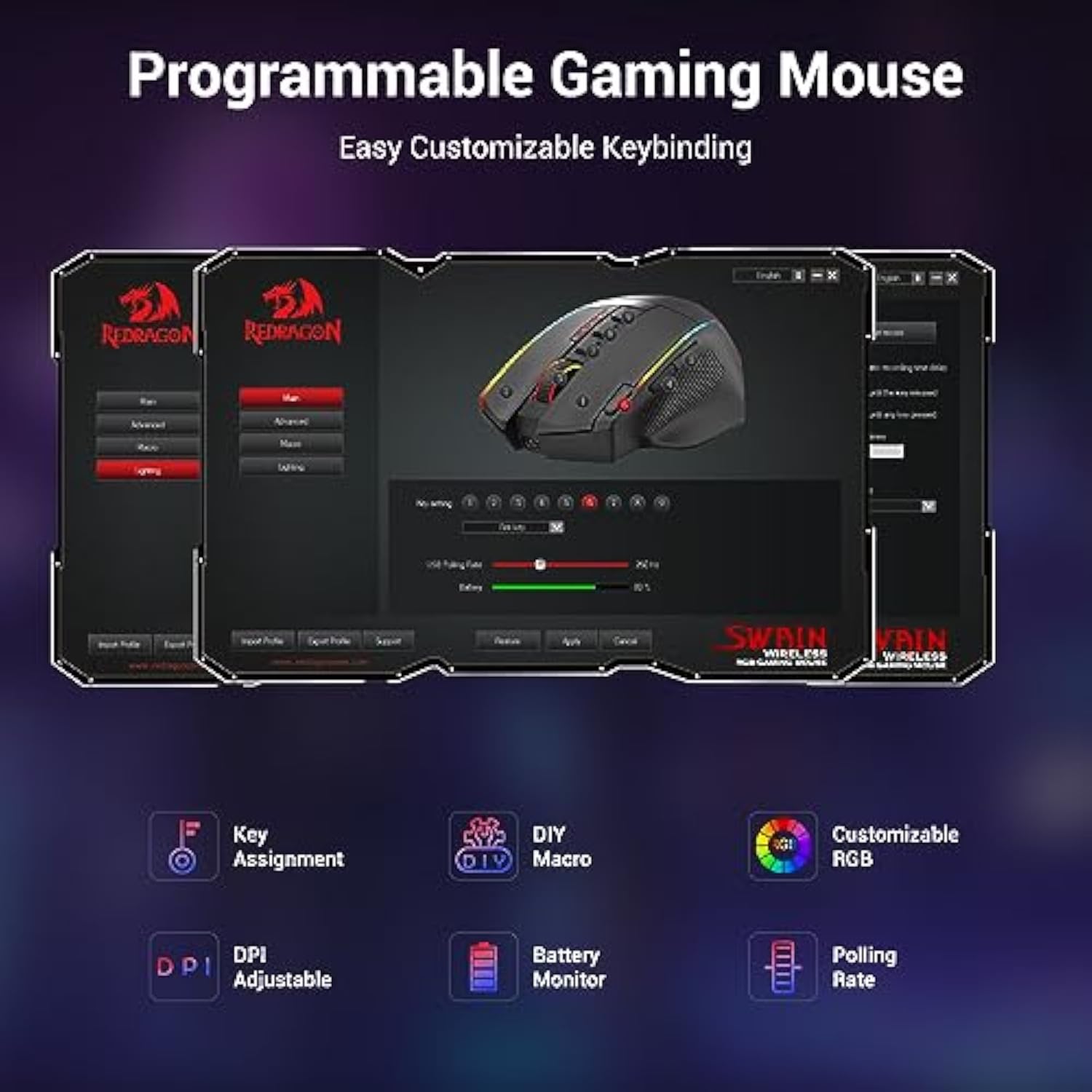 Redragon Wireless Gaming Mouse, Ergonomic Mouse 16000 DPI with Rapid Fire Key,