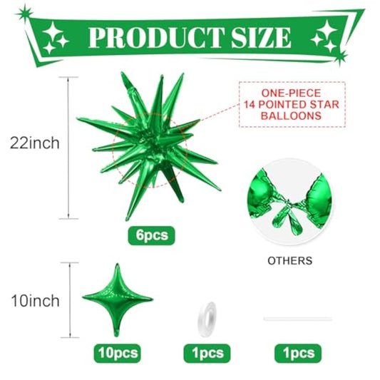 Green Star Balloons,Explosion Star Balloons Kit With 6Pcs 22Inch Cone Star Foil Balloons And 10Pcs 10Inch Four Pointed Star Balloons For Birthday Anniversary Disco Party Decorations
