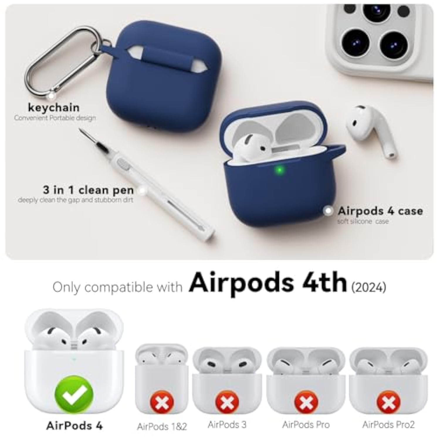 For Airpods 4 Case 2024 Come With Cleaner Kit,Soft Silicone Protective Cover For Apple Airpods 4Th Generation Cases With Keychain,Compatible With Airpod 4 Case For Women Men-Midnight Blue