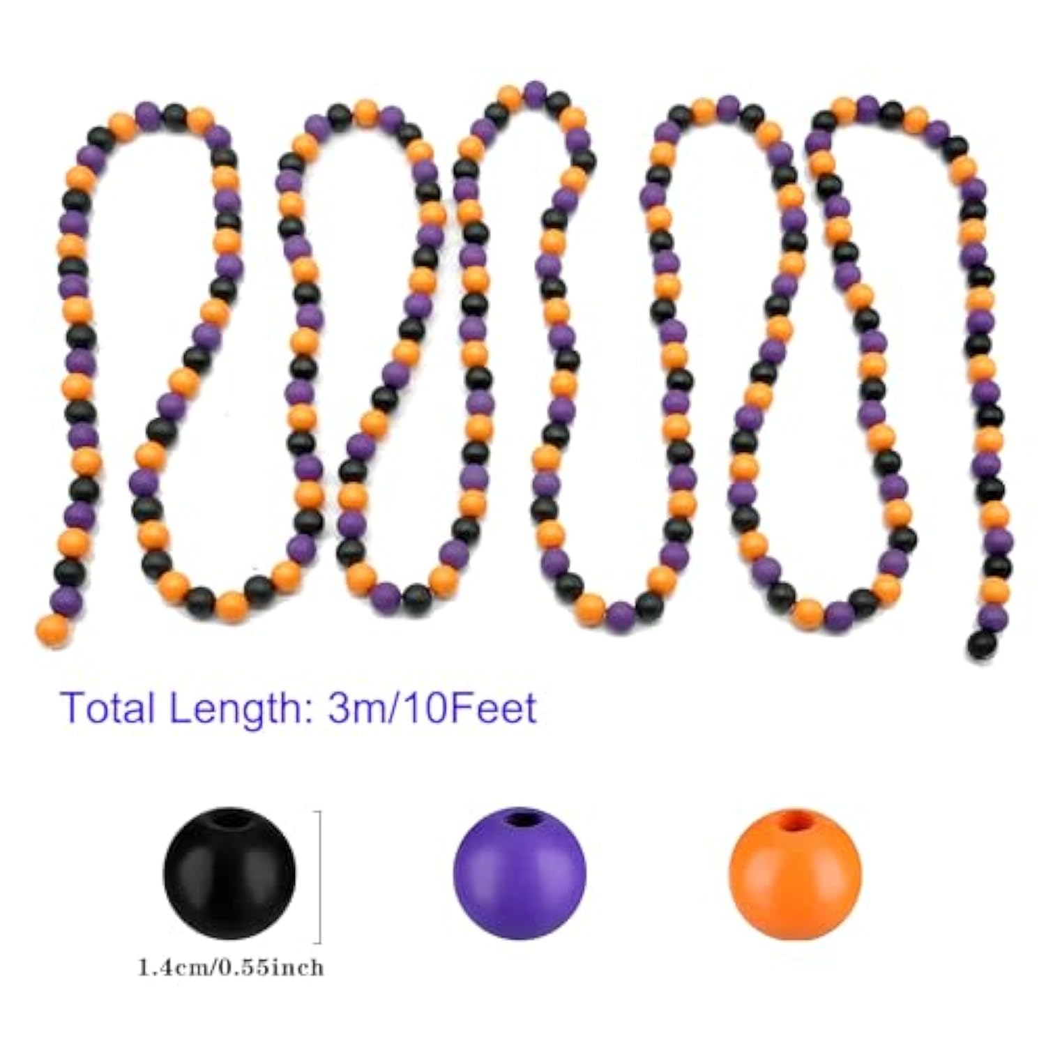 10FT Halloween Wooden Bead Garland, Orange Purple Black Wood Beads Party Decoration