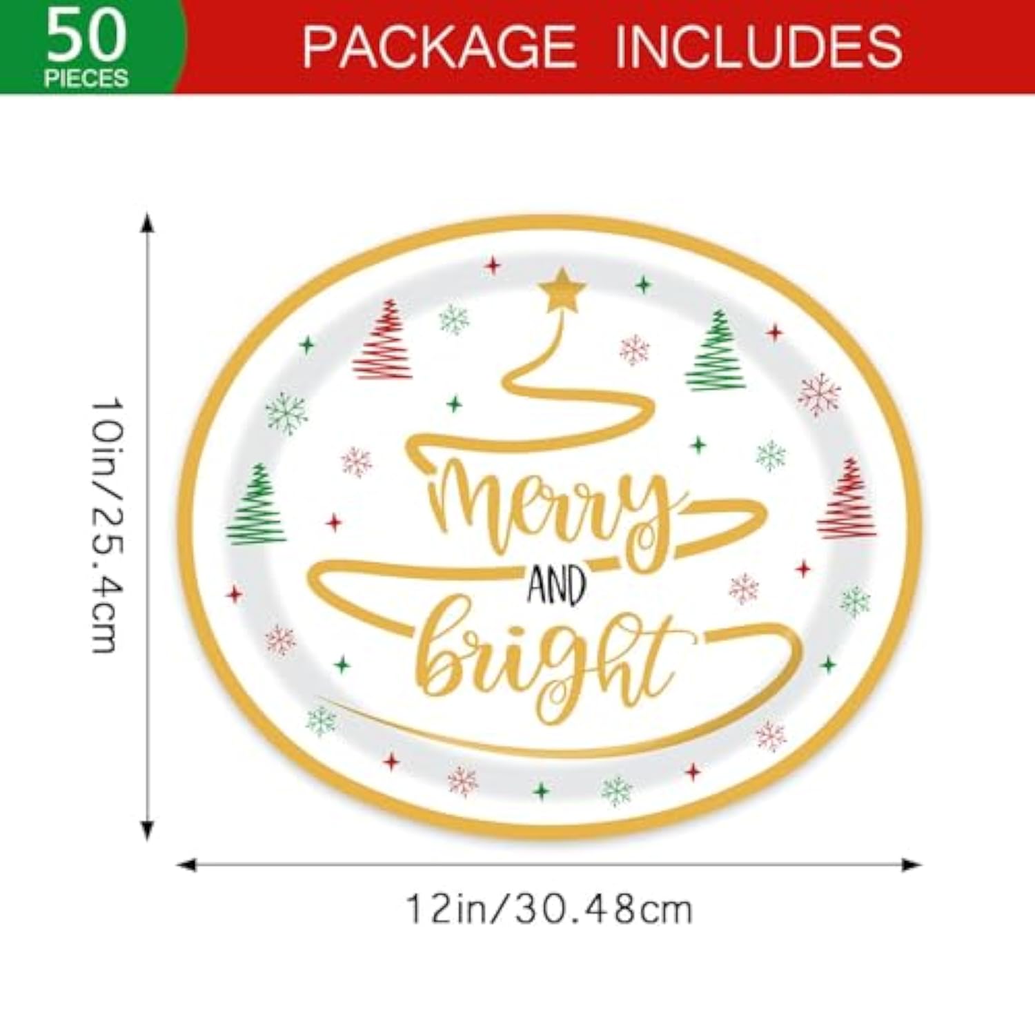 50 Pcs 10" X 12" Merry And Bright Disposable Paper Plates - Large Serving Dishes For Christmas, Xmas, Winter Holiday, Kitchen, Dinner Party Supplies