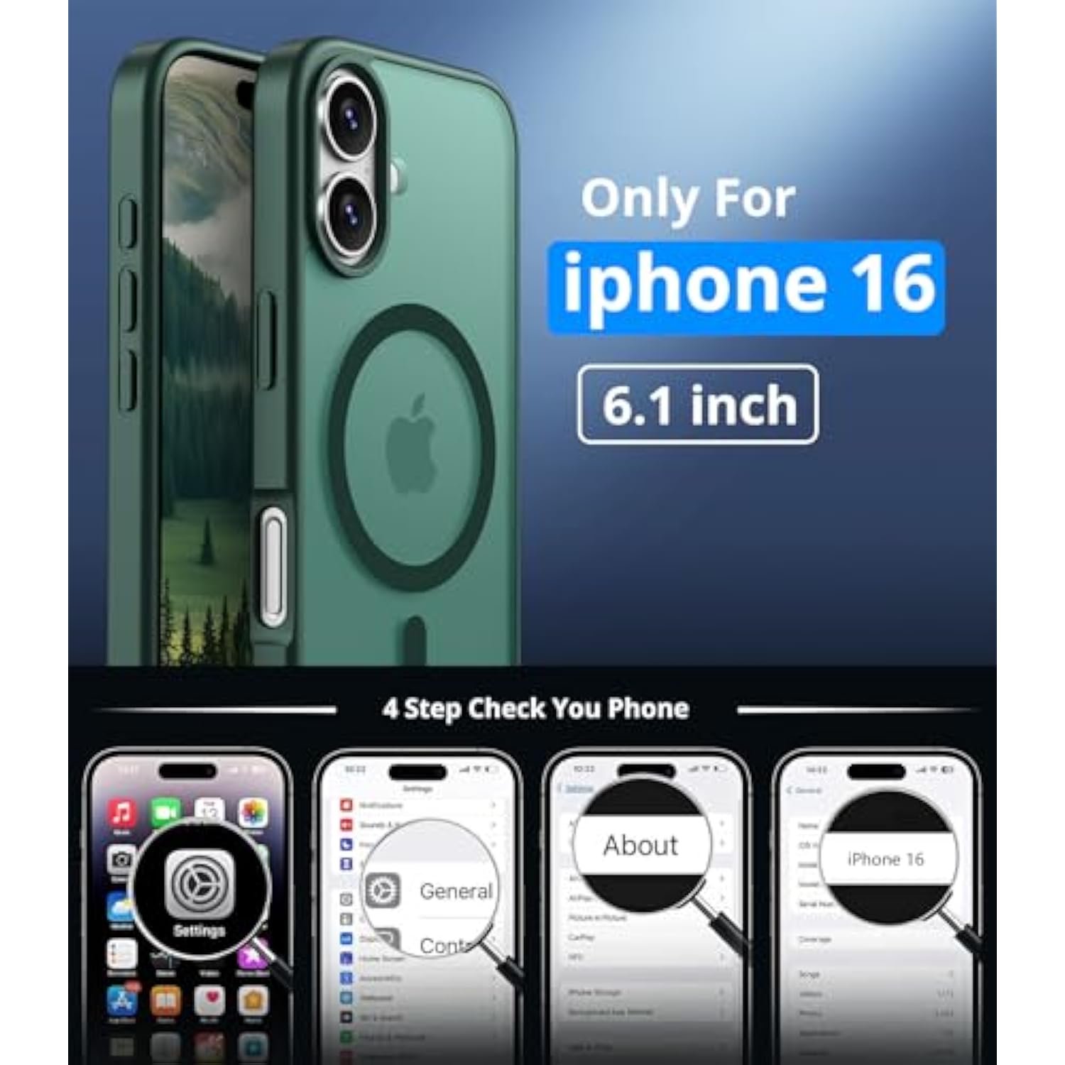 For Iphone 16 Case, Compatible With Magsafe, Magnetic Translucent Matte Slim Protective Cover With 1 Screen Protector - Military-Grade Drop Protection (Dark Green)