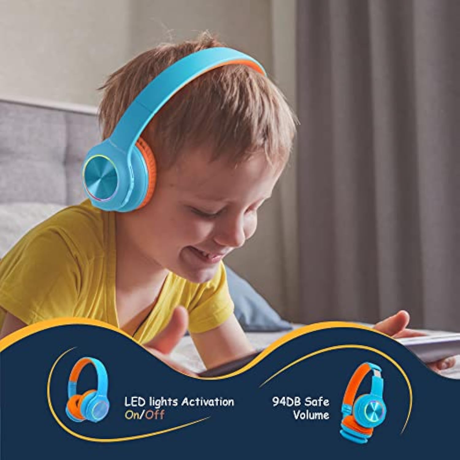 PowerLocus Kids Headphones, Bluetooth Headphones Over Ear for Kids with LED Li