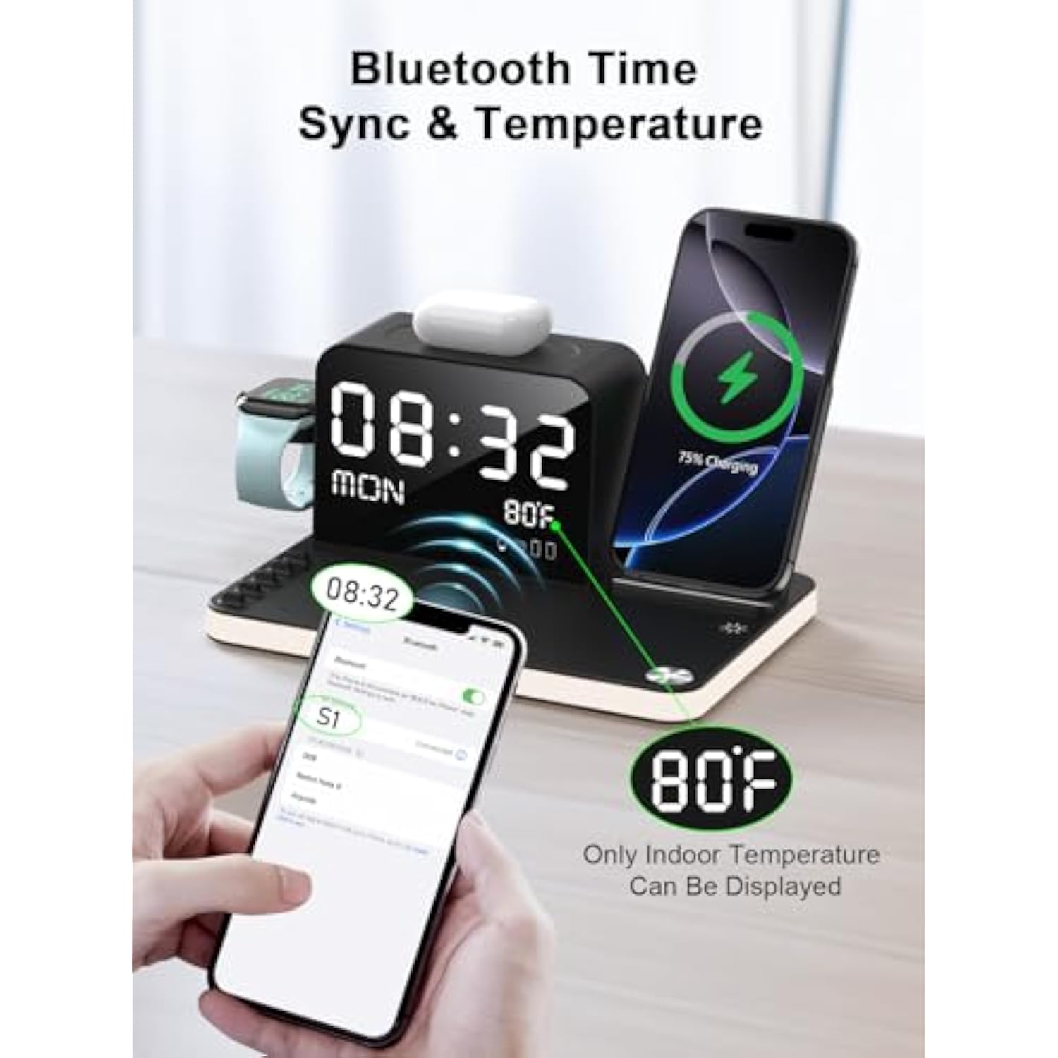 7 In 1 Wireless Charging Station For Apple Device Wireless Charger With Night Light Bluetooth Timesync Temperature 33W Fast Charger For Iphone 16/15/14/13/12 Pro Max Android Phone Airpods Apple Watch