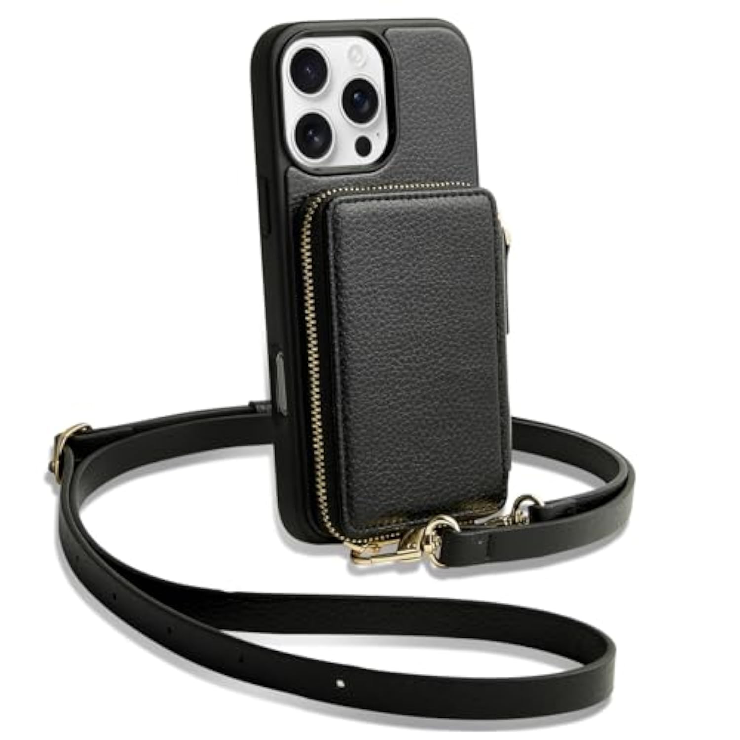 For 16 Pro Max Wallet Case, Zipper Crossbody Case With Wrist Strap Card Holder Protective Cover For Women For 16 Pro Max 6.9" Black