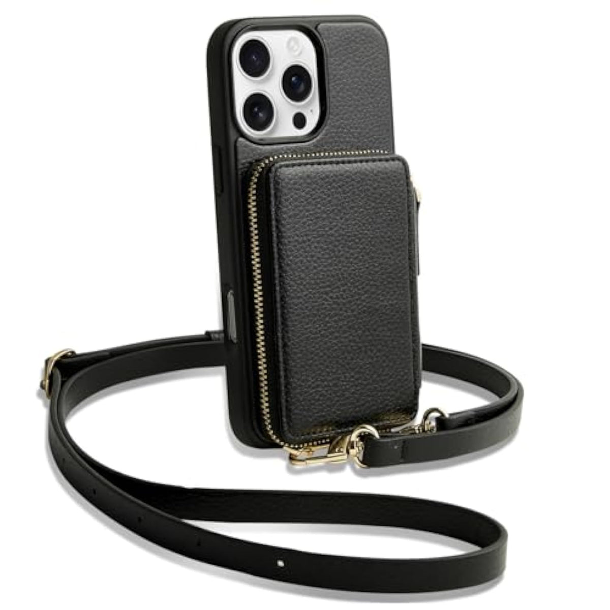 For 16 Pro Max Wallet Case, Zipper Crossbody Case With Wrist Strap Card Holder Protective Cover For Women For 16 Pro Max 6.9" Black