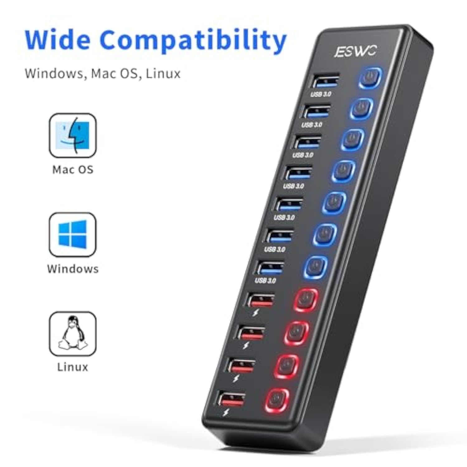 Powered Usb Hub, 11-Port Usb 3.0 Hub (7 Data Transfer Ports + 4 Smart Charging Ports) With Individual Led On/Off Switches, Usb Hub Powered With 12V/3A Power Adapter For Mac, Pc