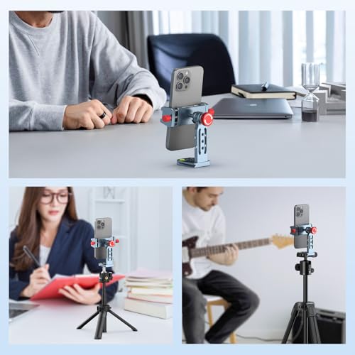 Phone Tripod Mount Aluminum Alloy, 360° Rotatable Phone Stand Holder Clamp with Cold Shoe and Arca Base Compatible with iPhone 15 Pro Max Galaxy S24