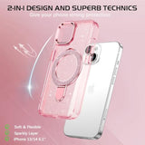 Magnetic Case For Iphone 13 And Iphone 14 With Stand [Compatible With Mag Safe], Glitter Translucent Slim Back Shockproof Protective Soft Cover With Bling Kickstand For Iphone 13/14- Pink