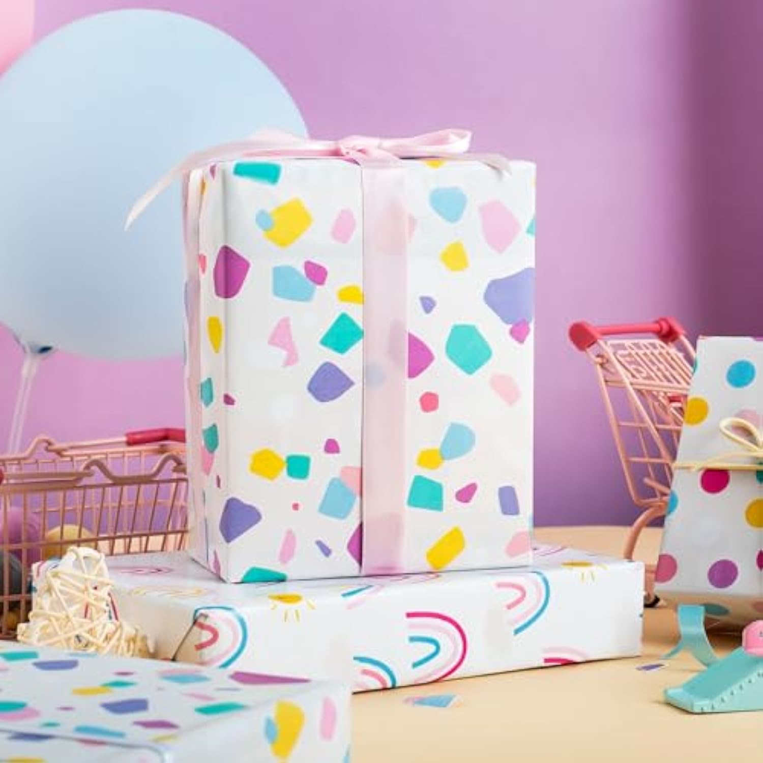 Gift Wrapping Paper - 3 Mini Rolls - Colorful Rainbow Sun Polka Dots Cute Birthday Wrapping Paper Roll For Holiday, Shower, Congrats - 17 Inch X 120 Inch Per Roll