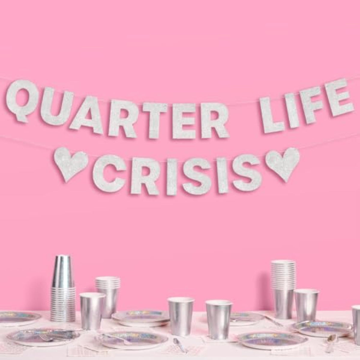 Quarter Life Crisis Banner - Silver Glitter, 4 Ft. | Fun Birthday Part