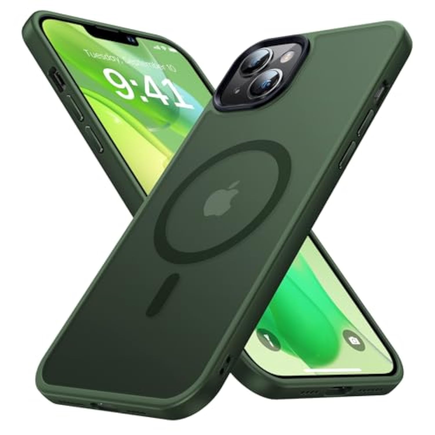 Magnetic For Iphone 13 Case & Iphone 14 Case For Magsafe [10Ft Grade Protective] Slim Translucent Matte Back Silicone Edge For Iphone 13 / Iphone 14 Phone Case (6.1"), Alpine Green