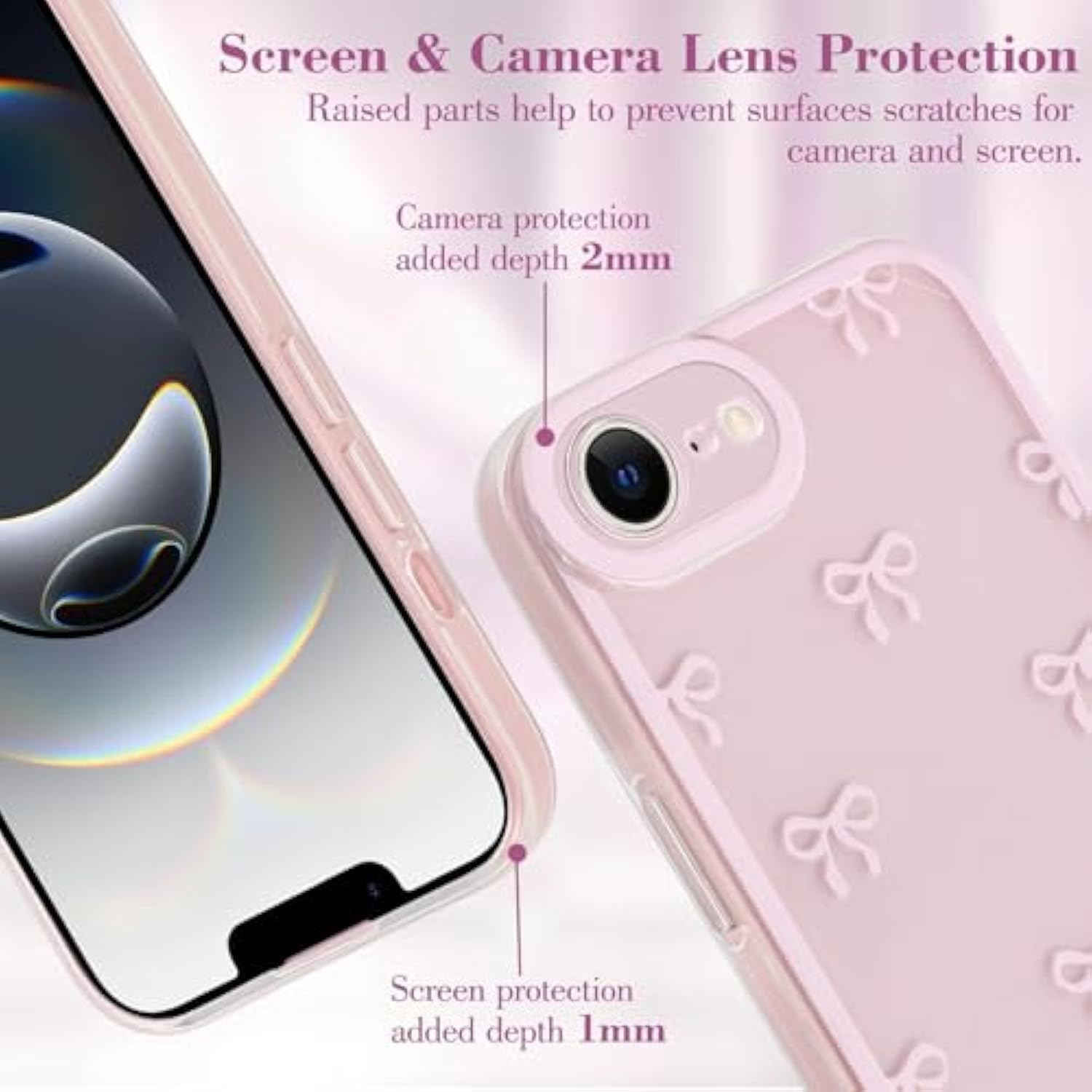 Cute Bow Phone Case For Iphone 16E 6.1", Clear Aesthetic Ribbon Bowknot Pattern Print Design Case Transparent Soft Slim Camera Protective Funda Shockproof Tpu Cover For Women Girls - Pink