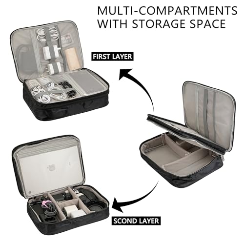 Electronics Accessories Organizer Bag, Waterproof Double Layertravel Cable Organizer Case For Cords, Charger, Power Bank,Hard Drive, Mouse -Shockproof Tech Storage Pouch (Classic-Two Layers-Black)