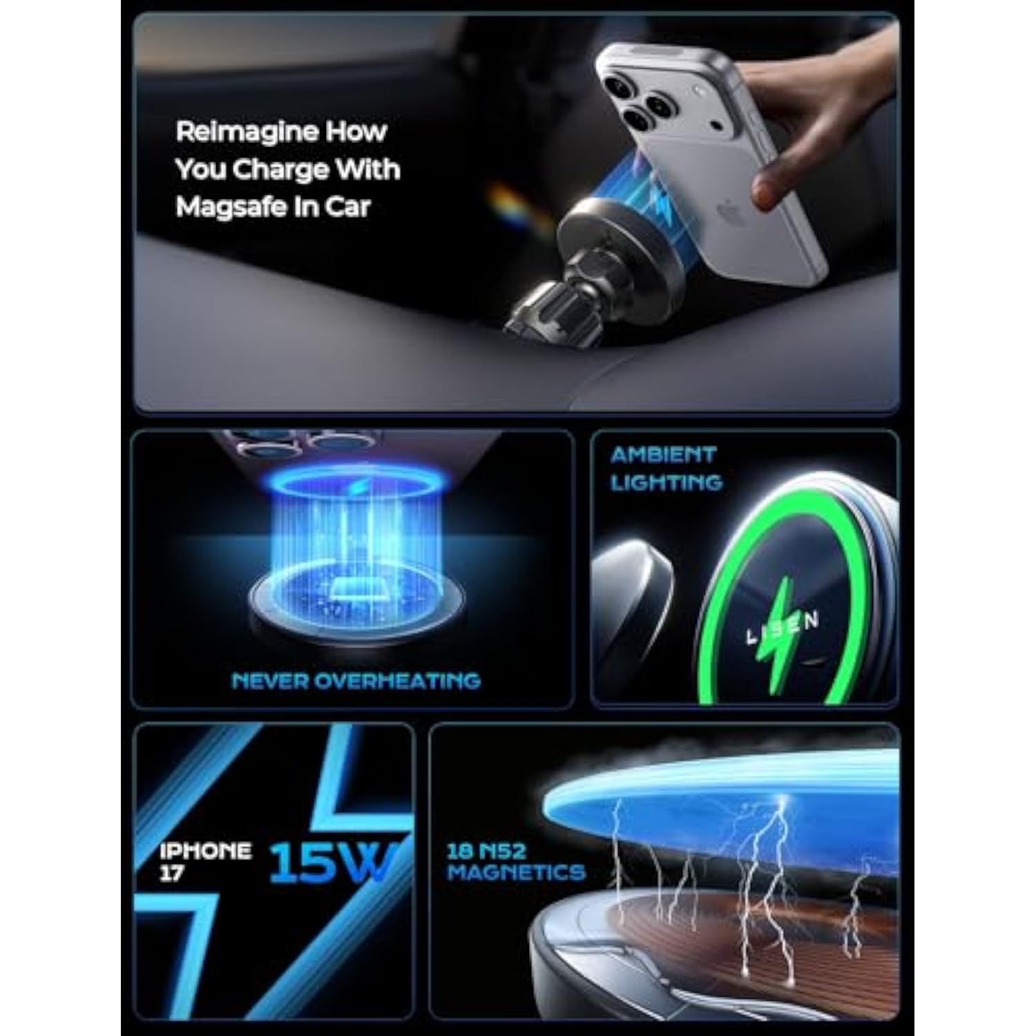 15W MagSafe Car Mount Charger, Fast Wireless Charging for iPhone 15/14/13/12