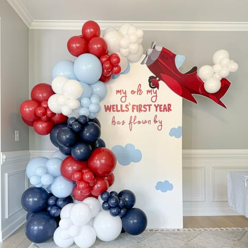 Airplane Balloon Garland Arch Kit 147pcs Navy Blue Red and Blue white Balloons for Time Flies Theme Birthday Baby Shower Superhero Boys Party Supplies