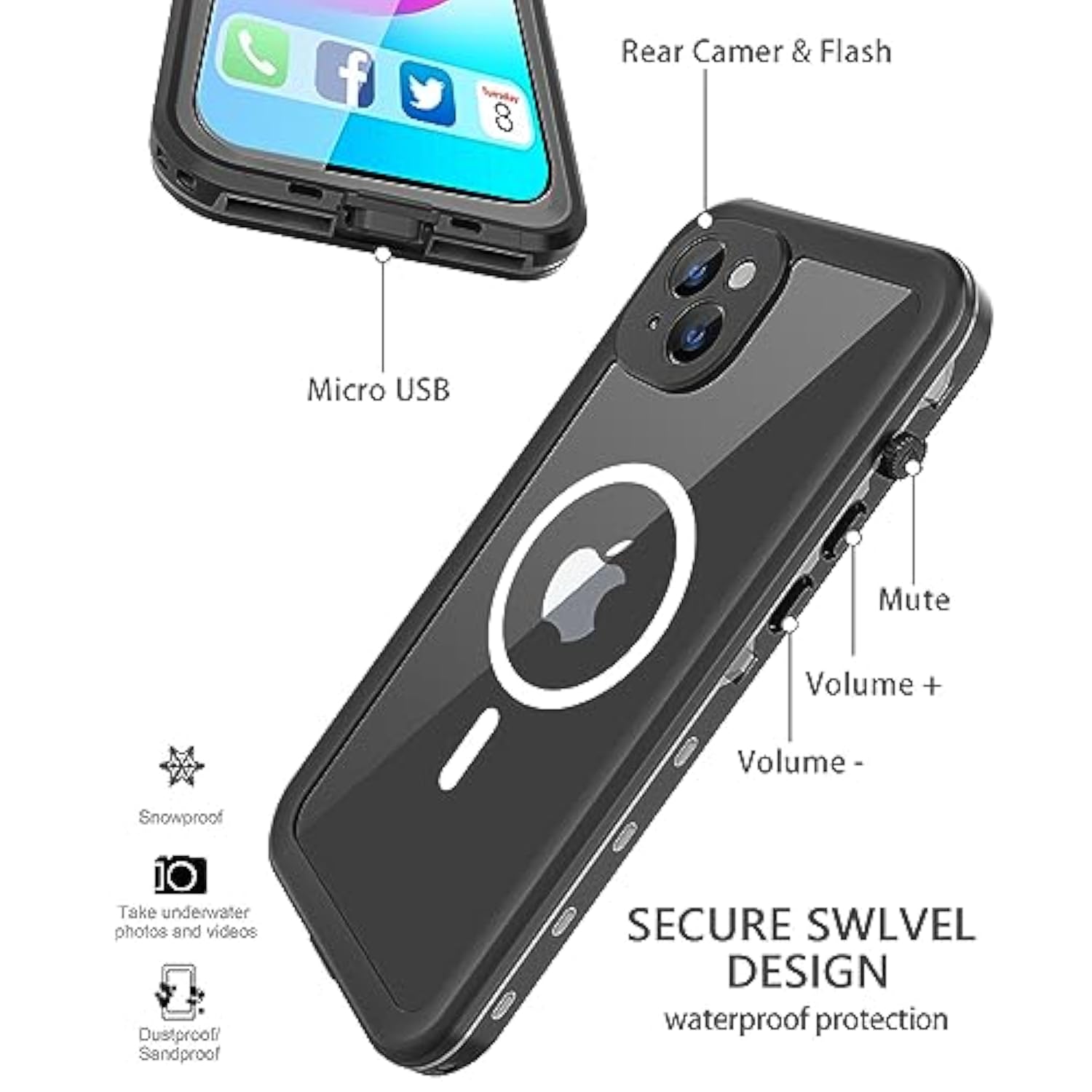Design For Iphone 14 Waterproof Case, Full Body Shockproof Dust Proof Phone Case Cover With Screen Protector - Black