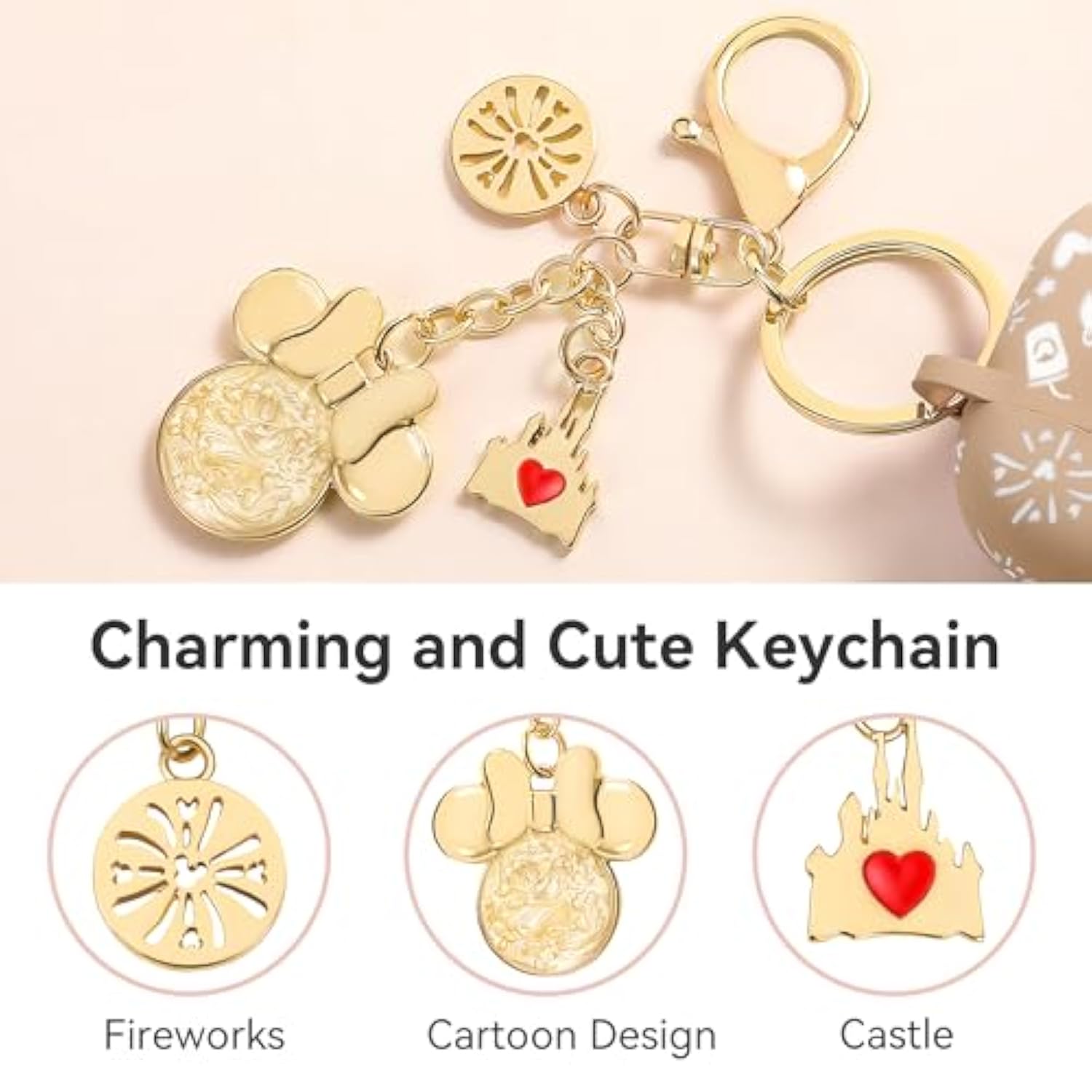 (With Cute Keychain) Compatible With Apple Airpods 4 Case 2024 Women, Soft Silicone Two-Tone Funny Cartoon Engraved Portable 360° Full Protection Anti-Scratch Air Pod 4 Case Khaki/White
