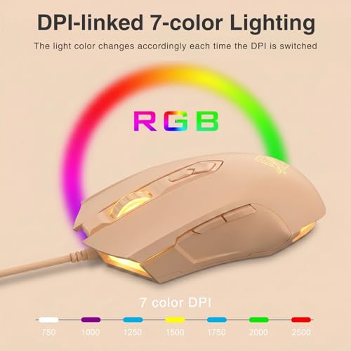 Aj52 Rgb Wired Gaming Mouse, 7 Programmable Buttons, Computer Mice With Rgb Lighting, 200-4800 Dpi Adjustable, For Windows/Mac Os/Linux (Milktea)