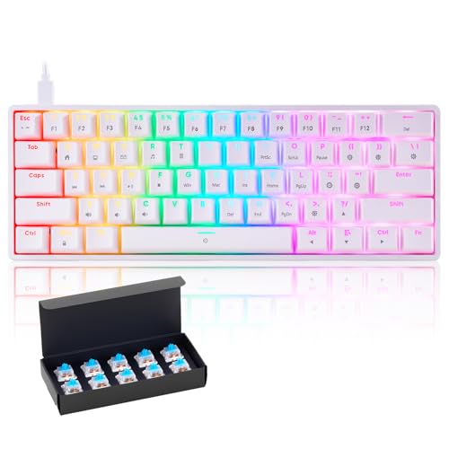 Mechanical 60% Keyboard Rgb 1680M Color Backlit Compact Mini 61 Key Blue Switch Portable Keypad Compatible With Windows Imac Laptop Pc Computer Office Gamer(White)