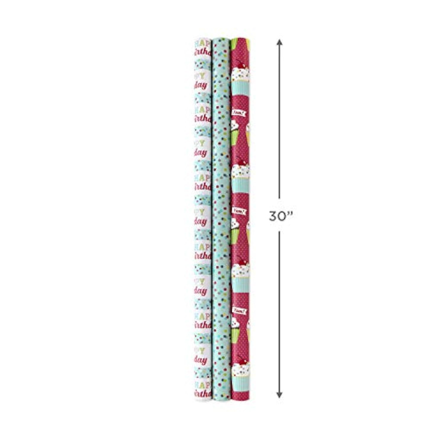 3 Rolls Birthday Wrap Set – Colorful Flowers, Cupcakes, Stripes & Polka Dots, 75 sq. ft.