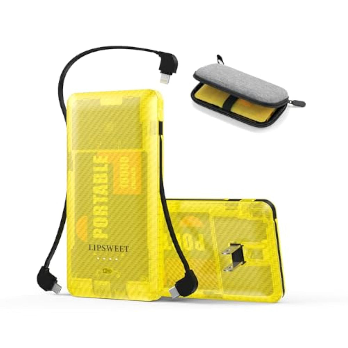 Portable Power Bank, Slim 10000Mah Portable Charger, Usb C Fast Charging External Battery Pack With Built-In Ac Wall Plug, Three Cables Compatible With Iphone Samsung Tablet Etc (Yellow)