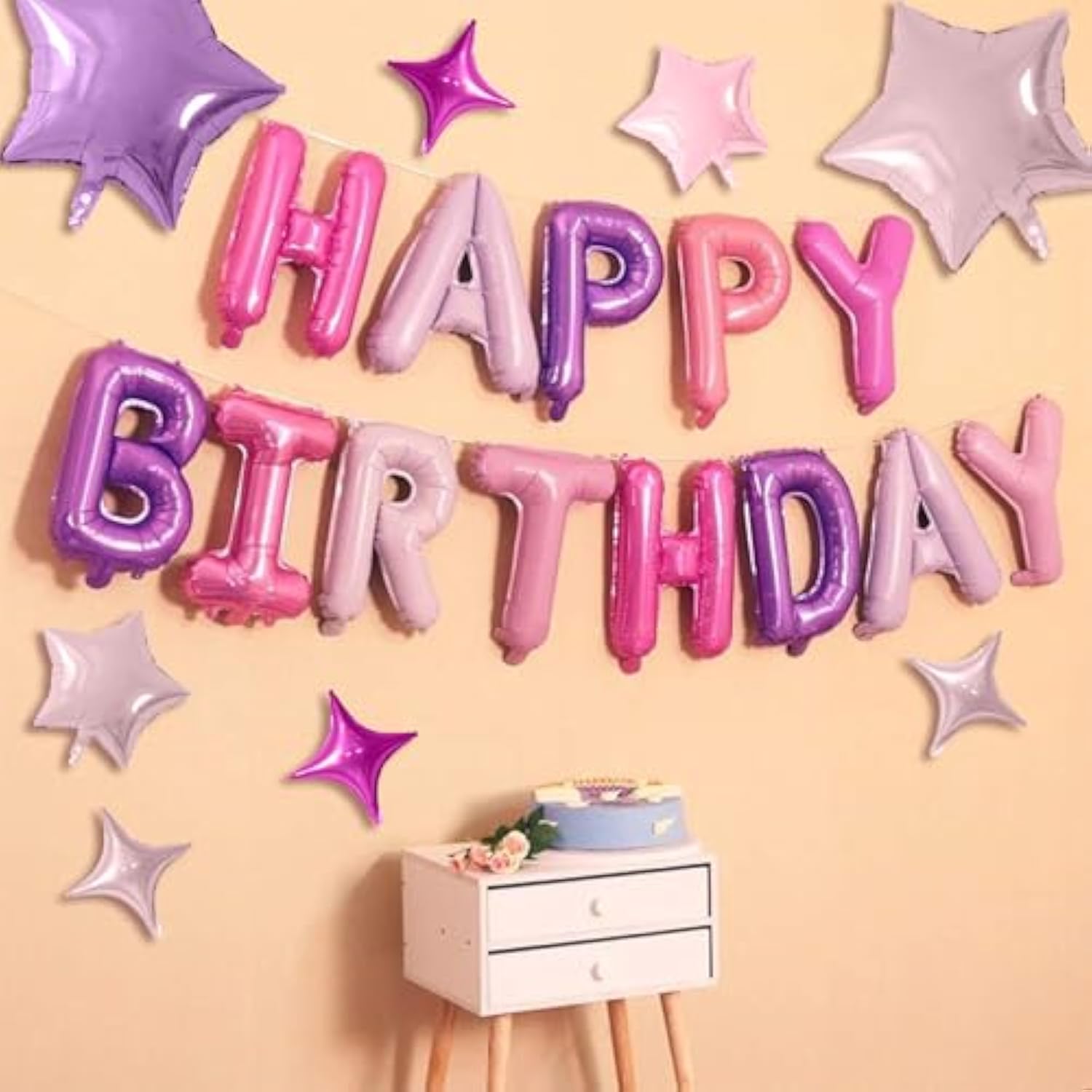 Happy Birthday Balloons, Pink Purple Happy Birthday Banner Balloon, 16 Inch Foil Letter Balloons With 8 Pcs Purple Pink Star Balloon For Women Girls Birthday Party Decoration