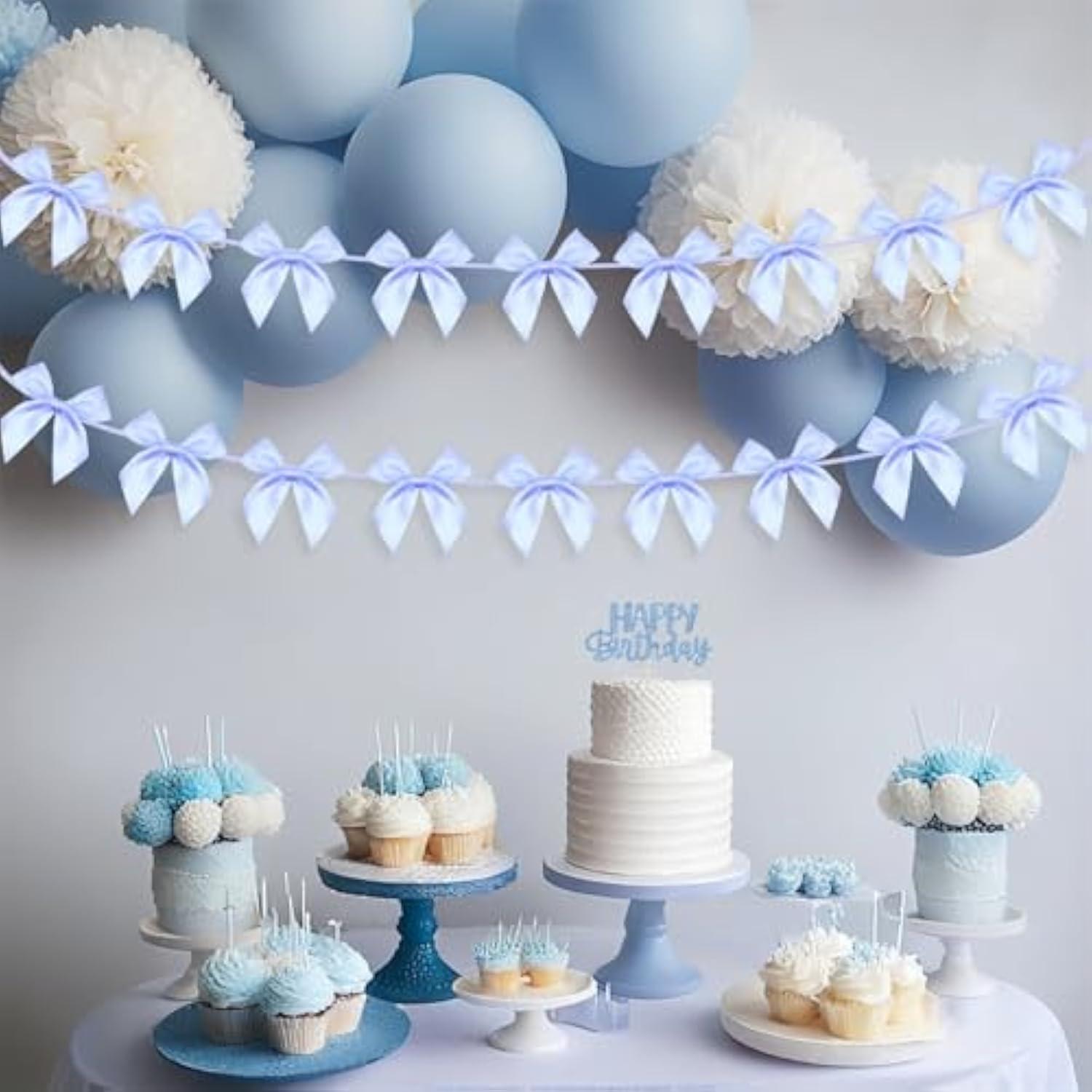 2Pcs Bow Garland Banner, Ribbon Bow Party Decorations For Baby Shower Girls Bow Coquette Birthday Party Decor (Blue)