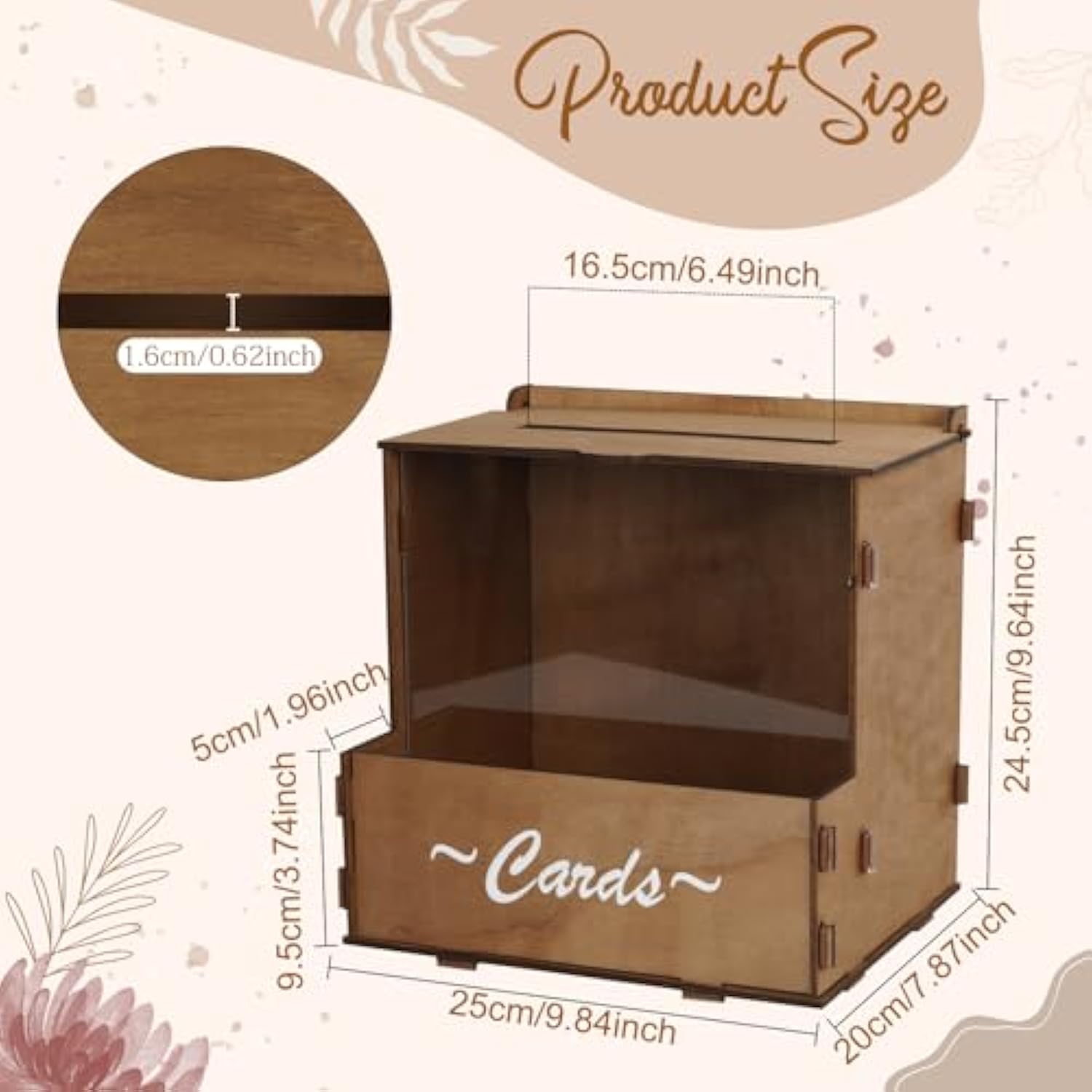 Brown Wedding Card Box With Flower Trough & Acrylic Board, Wooden Wedding Card Boxes For Reception, Money Gift Box For Honeymoon, Graduation, Baby Showers, Birthday Party Decorations