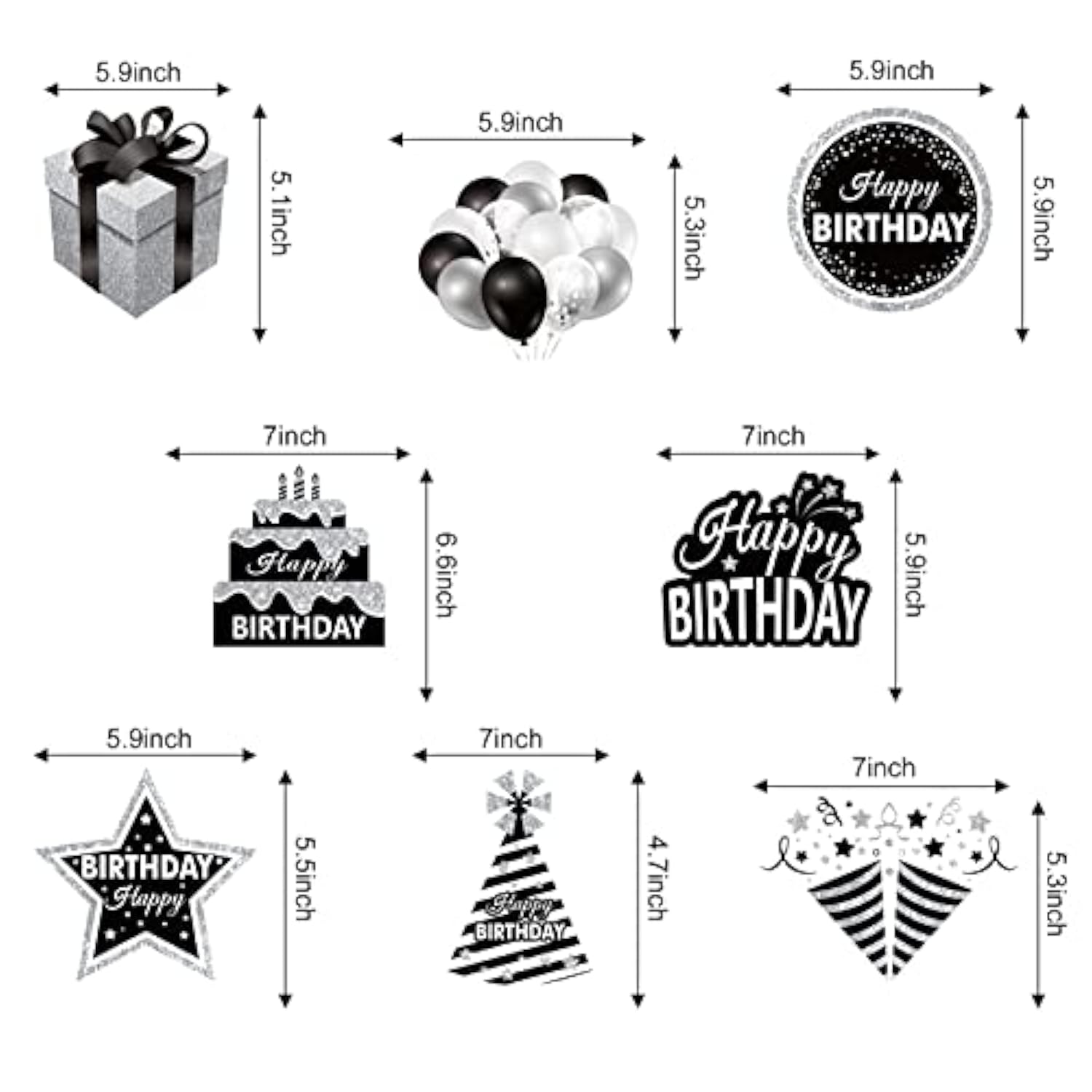16PCS Black White Silver Birthday Swirls – Ceiling Hanging Party Decor set