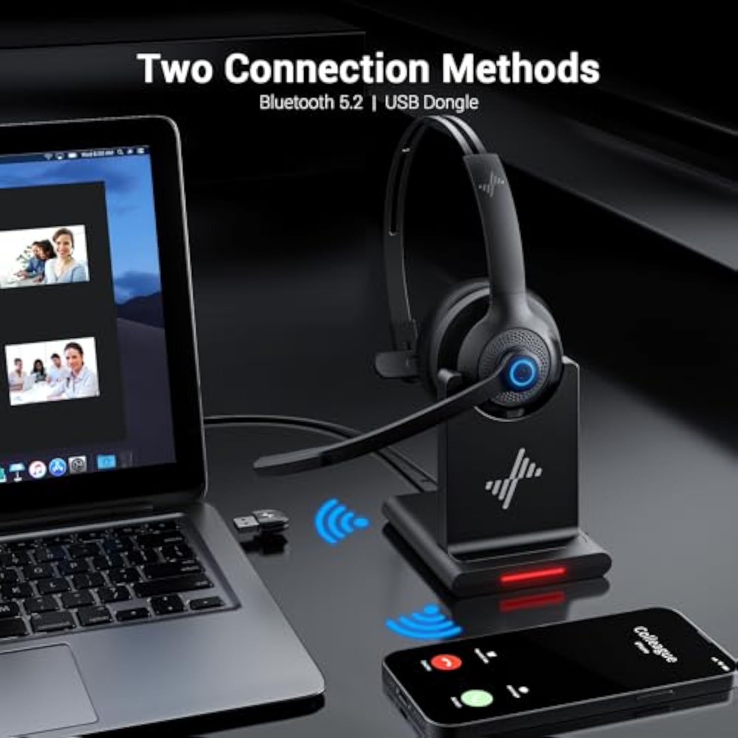 Bluetooth Headset Wireless Headset With Noise Cancelling Microphone, V5.2 Computer Headphones With Usb Dongle, Charging Base & Mic Mute For Work/Call Center/Pc/Laptop/Online Class/Zoom