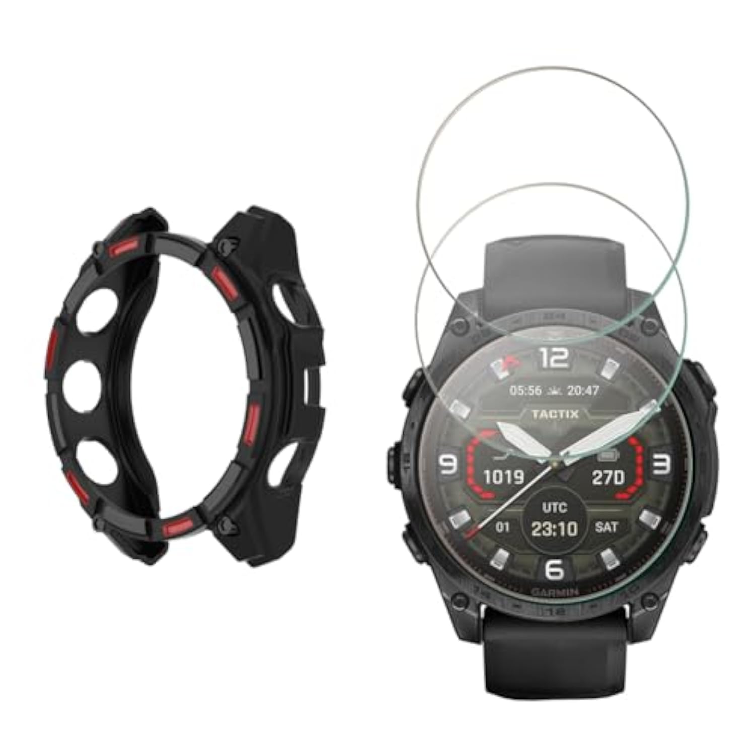 Watch Screen Protector Compatible For Garmin Tactix 8 Amoled 51Mm Smartwatch, 9H Tempered Glass Protective Film Full Coverage And Soft Tpu Protective Case (Tactix 8 Amoled 51Mm Black Red)
