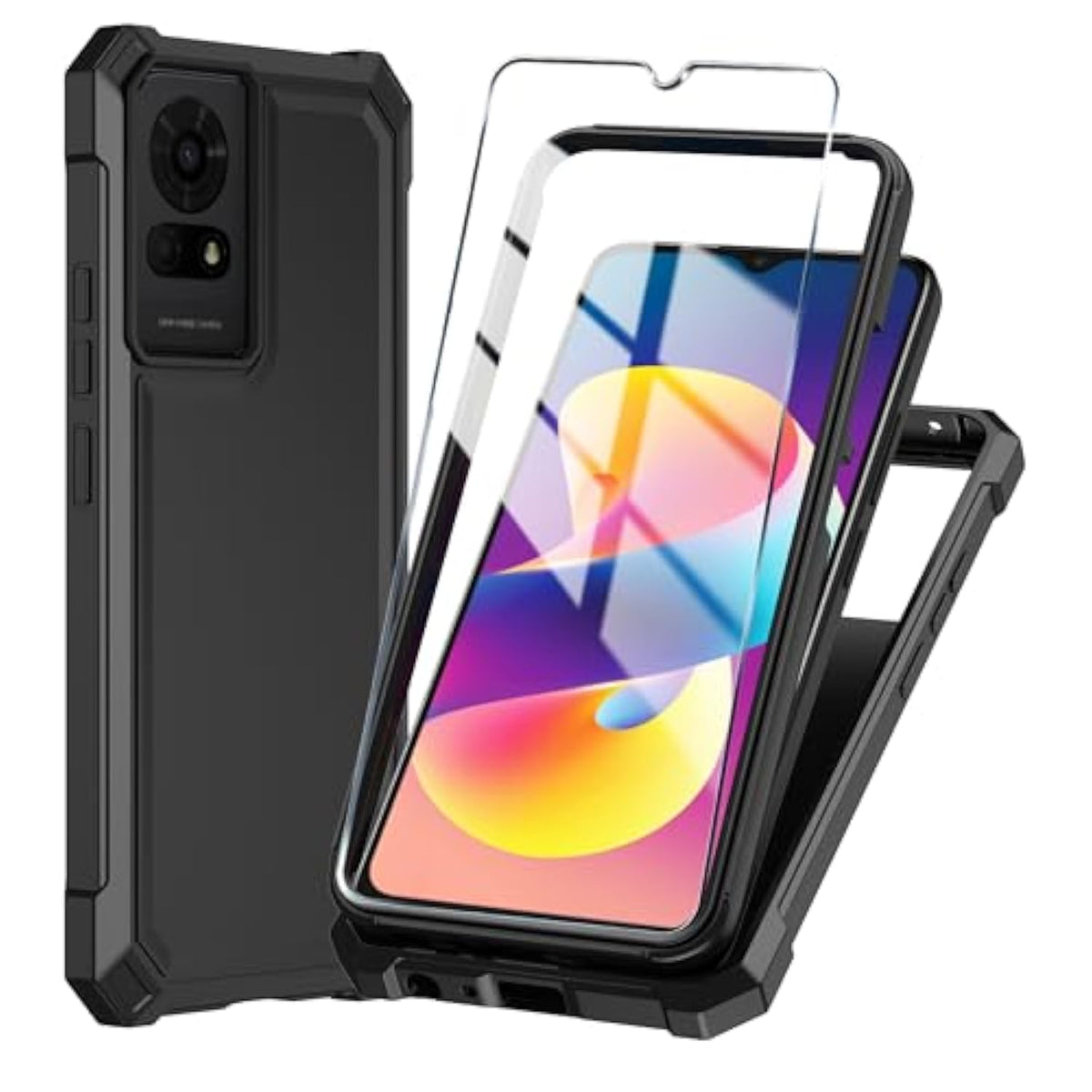 TCL K23 K24 T50LE Case with Tempered Glass Black Silicone Cover