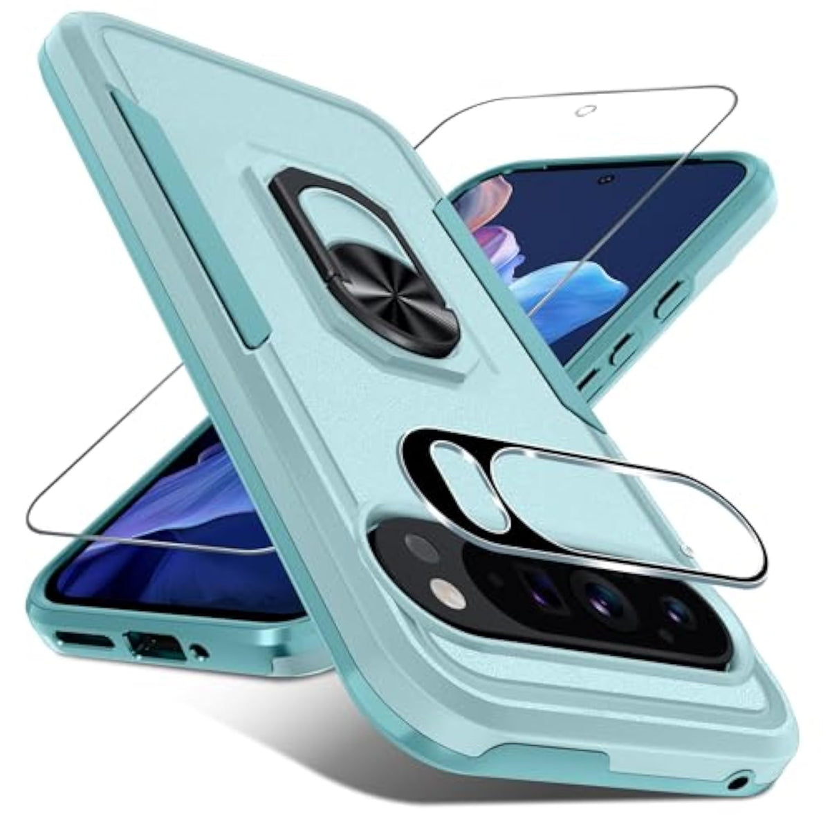 For Google Pixel 9/9 Pro Case With Screen Protector+Camera Lens Protector,Heavy Duty Shockproof Full Body Phone Cover Built In Metal Ring Holder Kickstand,2024 Mint Green
